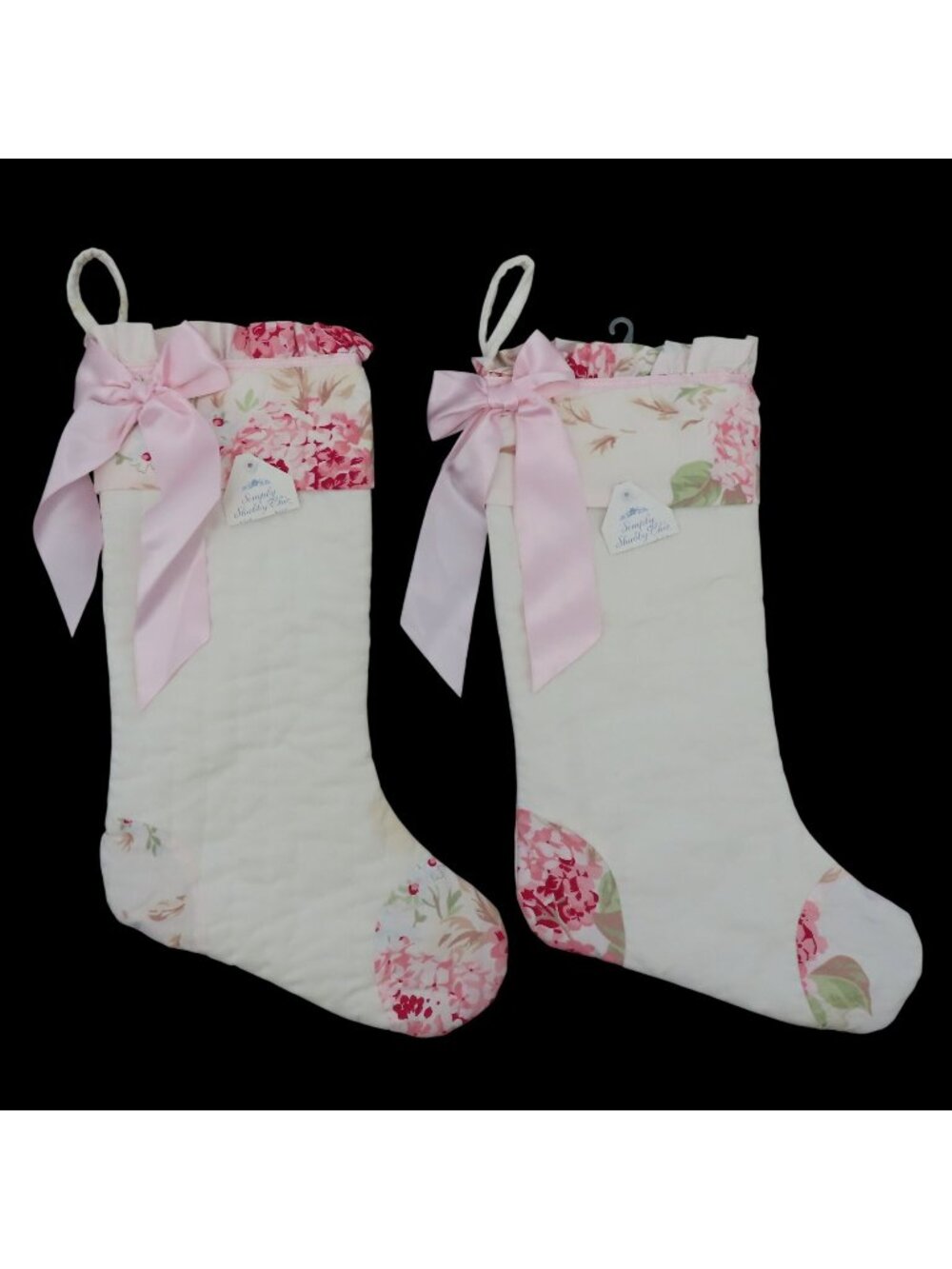 Simply Shabby Chic Pair of 2 Pink Floral Ruffle Christmas Stockings Holiday Xmas